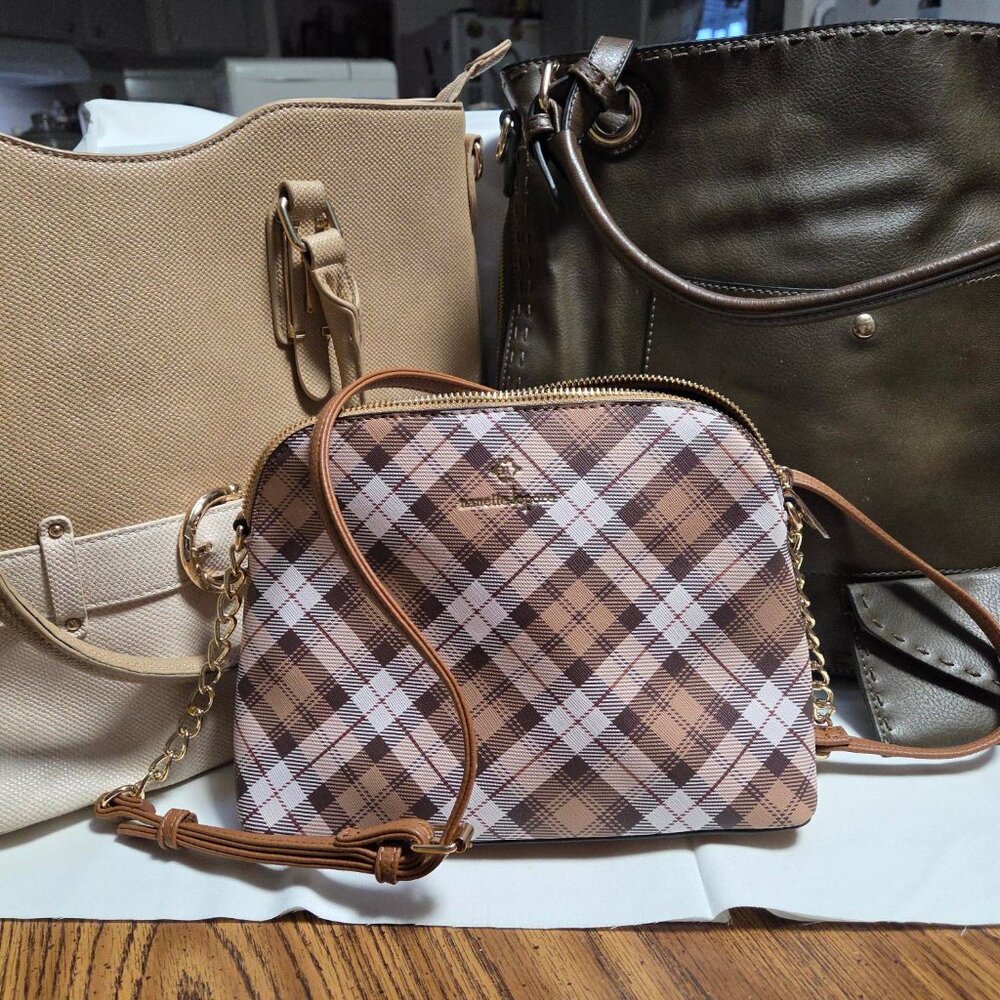 3 Purses/Totes New Plaid.. Beige and Olive Green